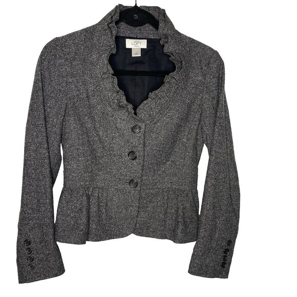 ANN TAYLOR LOFT Petites Blazer Wool Tweed Ruffled Peplum Jacket Womens 0 P Gray - Picture 1 of 11